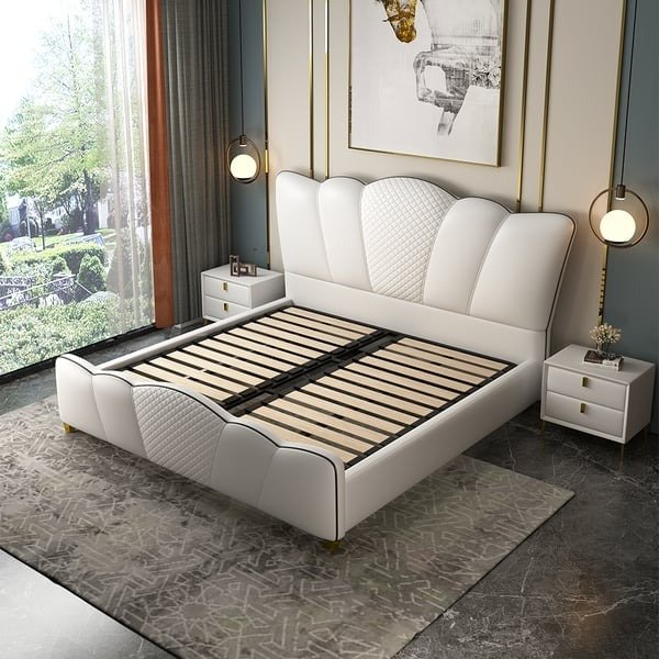 Milky White Upholstered Bed Without Storage In Leatherette