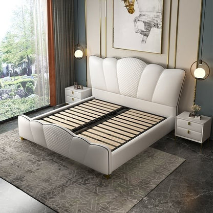Milky White Upholstered Bed Without Storage In Leatherette