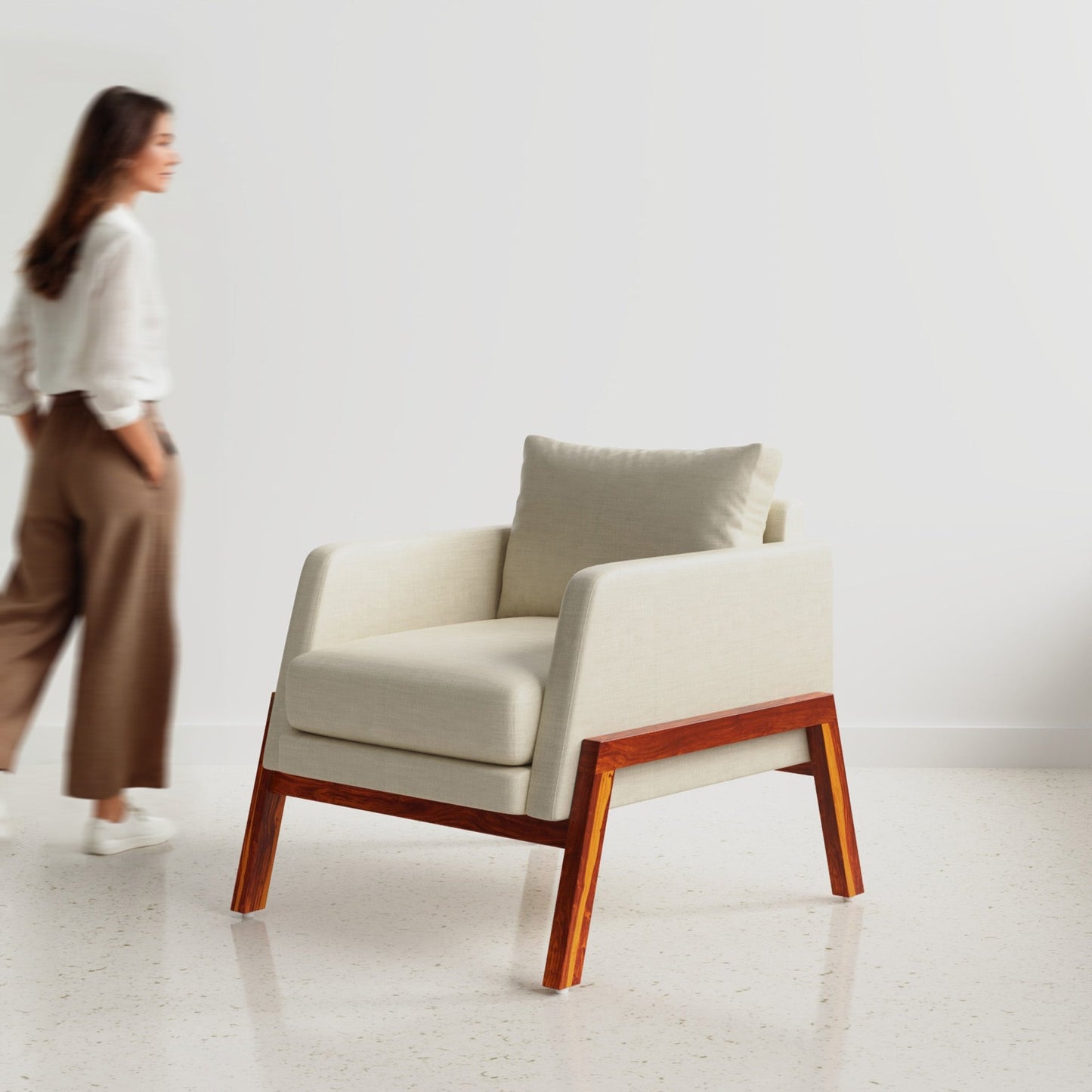 Arte Accent Chair Honey on Sheesham and Almond Latte Luxury Fabric