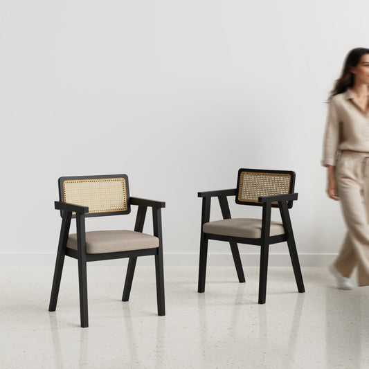 Bob Rattan Chair - Set of Two - Black on Sheesham and  Fur Beige Seats