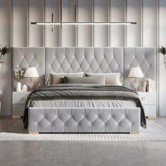 Casper Luxury Upholstered Bed With Manual Storage & Side Tables In Suede