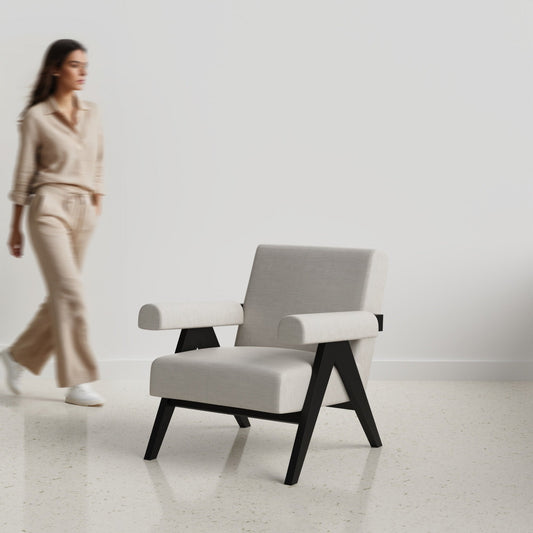 Pierre Accent Chair- Black Matte on Sheesham and Griege Grey Luxury Fabric