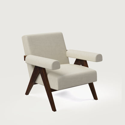 Pierre Accent Chair - Walnut in Sheesham and Almond Latte Luxury Fabric