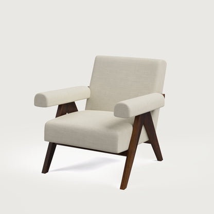 Pierre Accent Chair - Walnut in Sheesham and Almond Latte Luxury Fabric