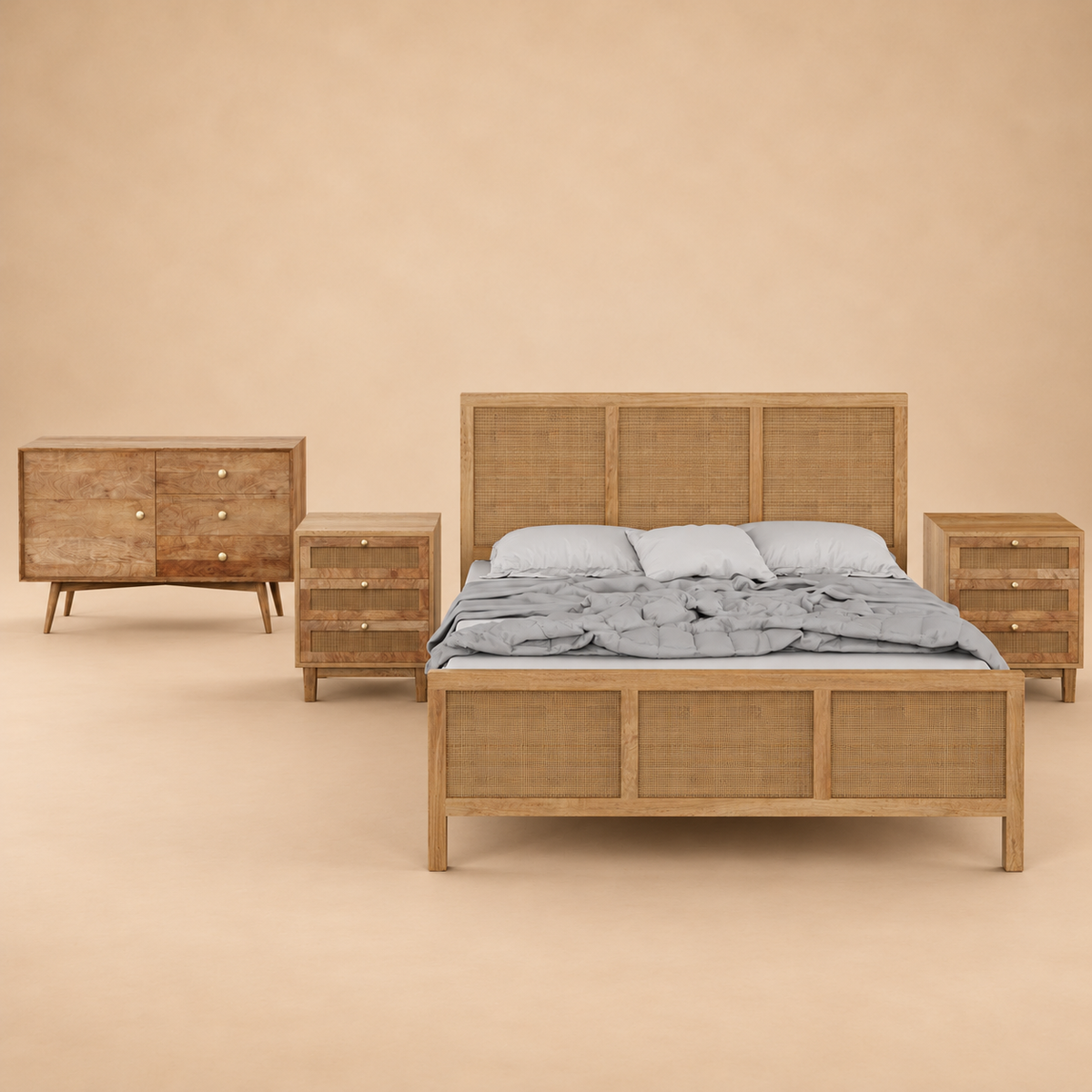 Adelaide Rattan 4 Piece Bedroom Set — warm beige studio view 2