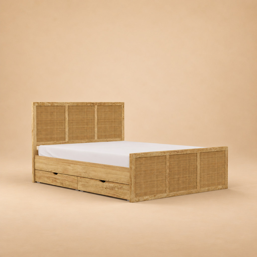 Adelaide Rattan Rollout Storage Bed — warm beige studio view 2