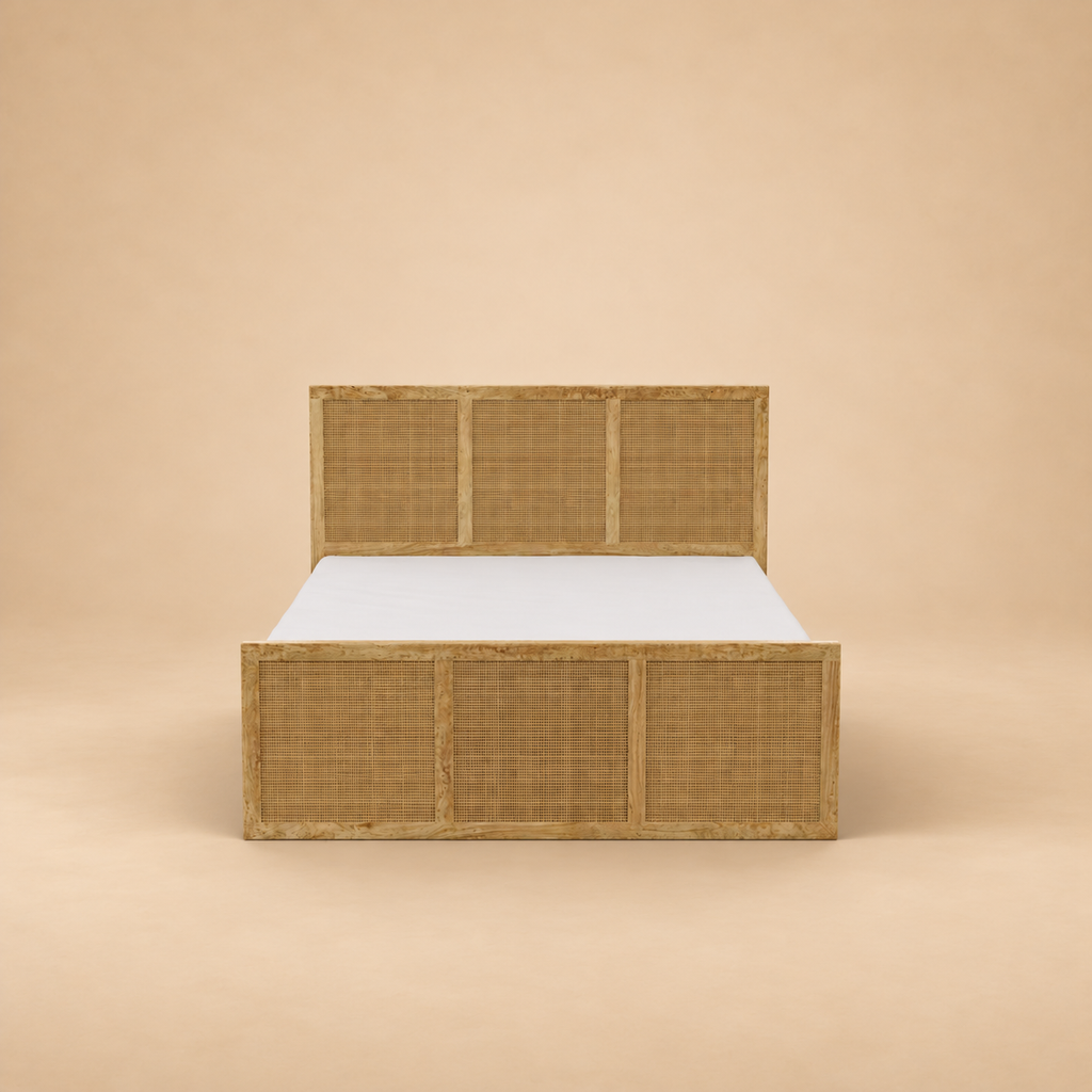Adelaide Rattan Rollout Storage Bed — warm beige studio view 3