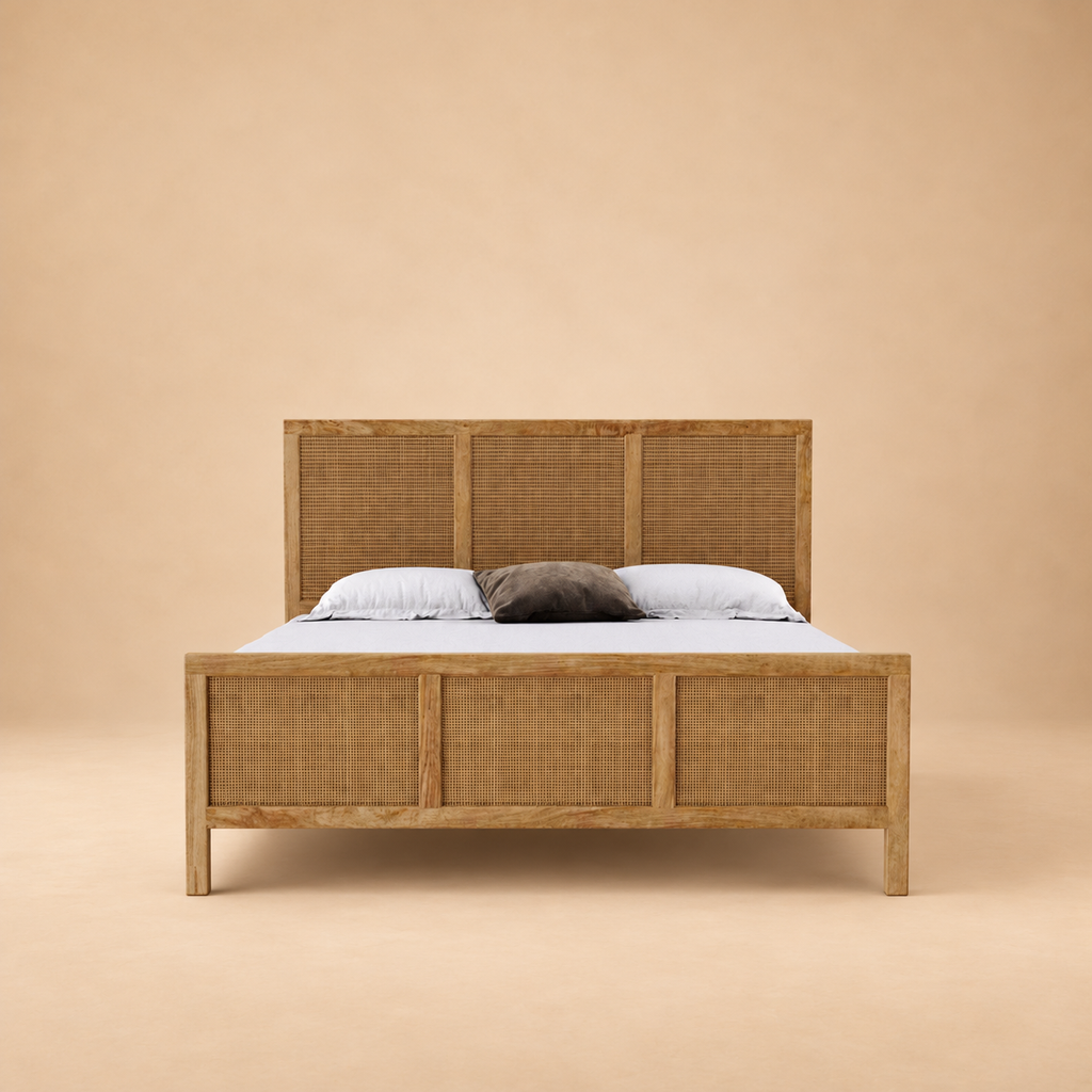 Adelaide Solid Wood Rattan Bed — warm beige studio view 3