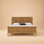 Adelaide Solid Wood Rattan Bed — warm beige studio view 3