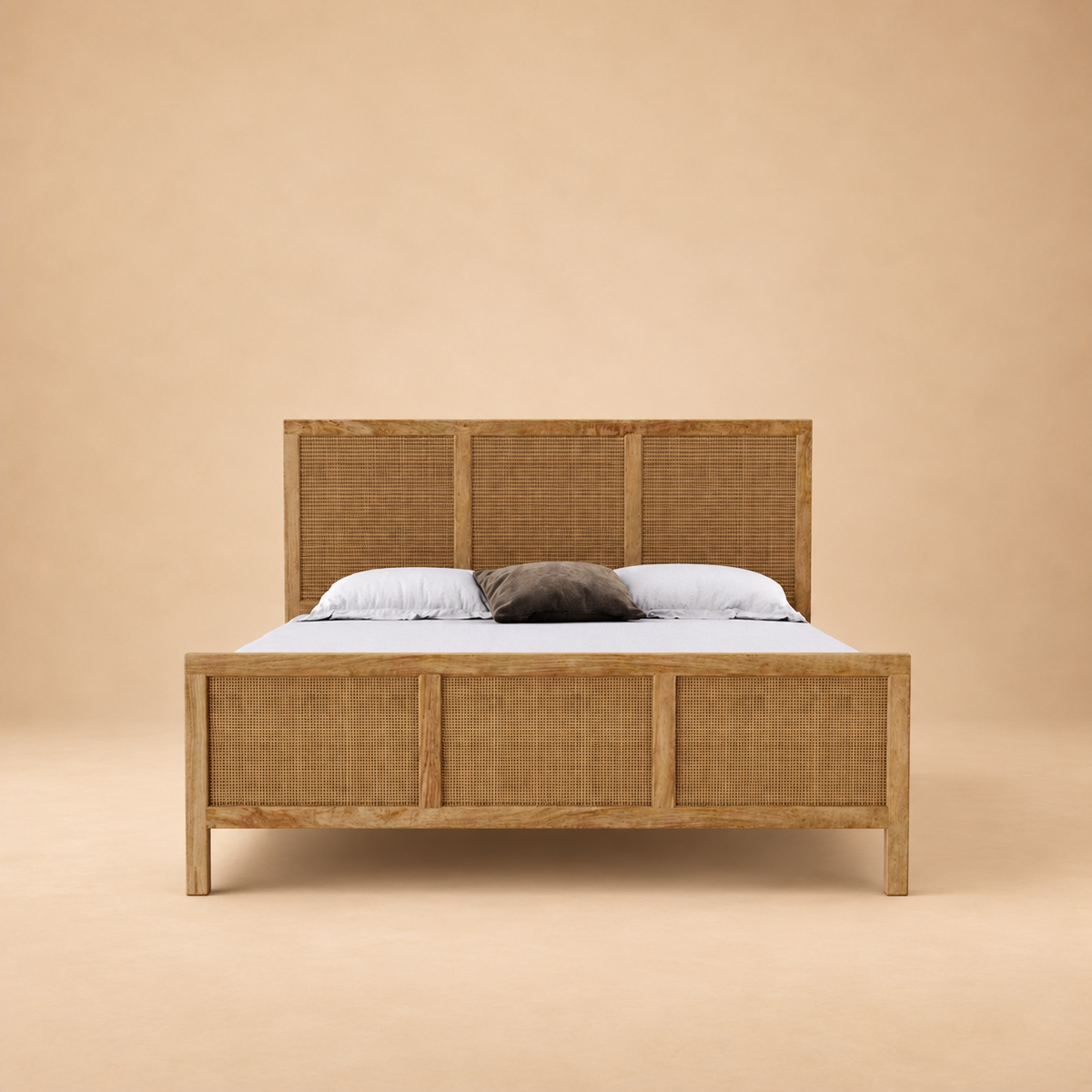 Adelaide Solid Wood Rattan Bed — warm beige studio view 3