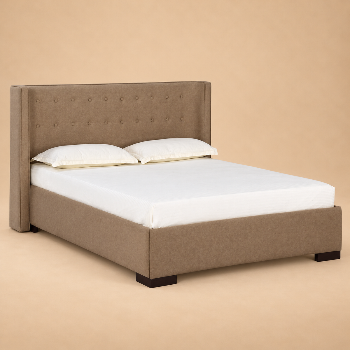 Agastya Fully Upholstered Bed without Storage — warm beige studio view 2