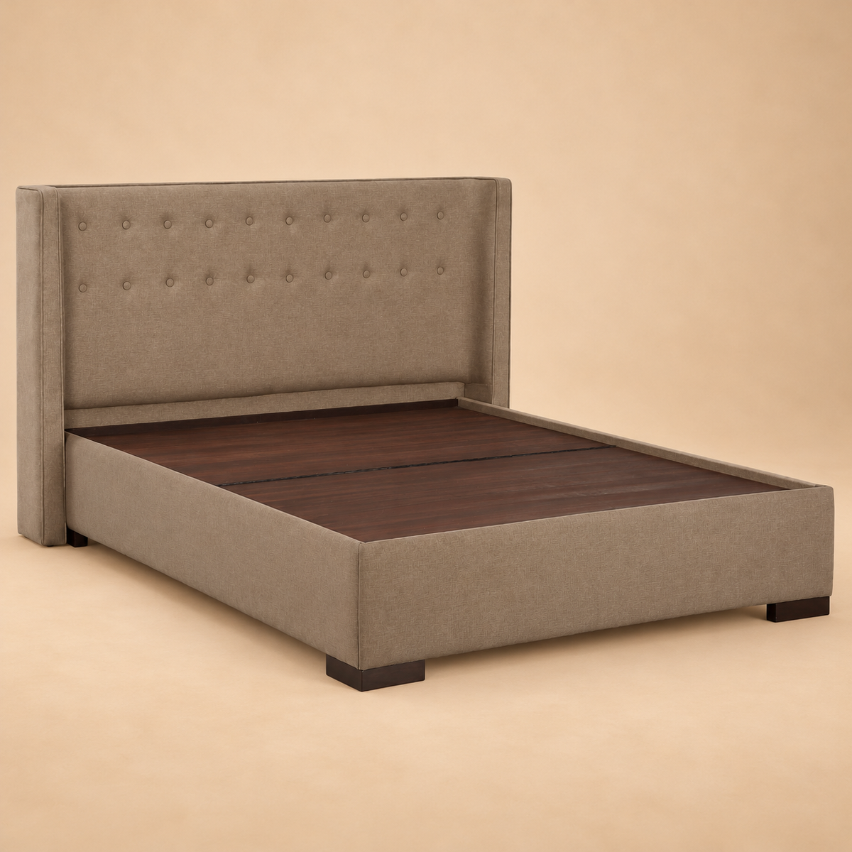 Agastya Fully Upholstered Bed without Storage — warm beige studio view 3