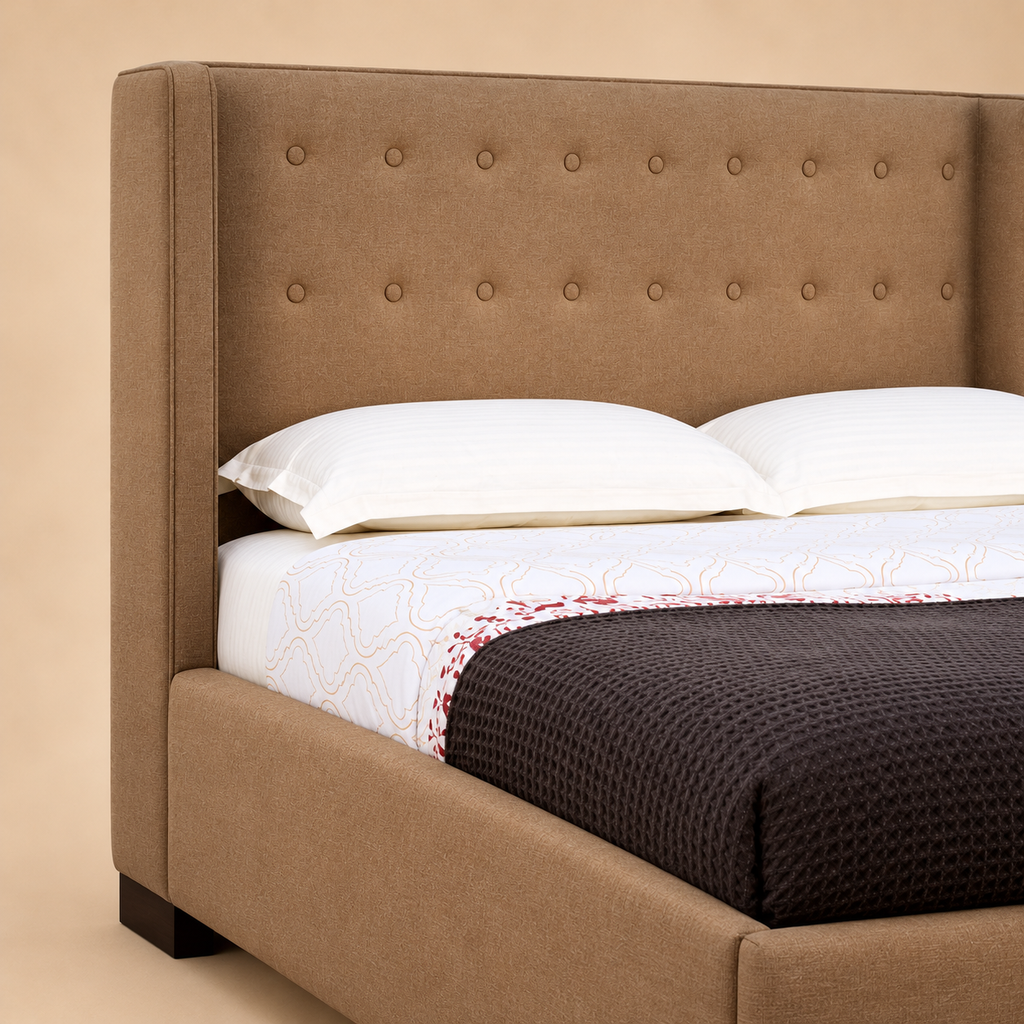 Agastya Fully Upholstered Bed without Storage — warm beige studio detail
