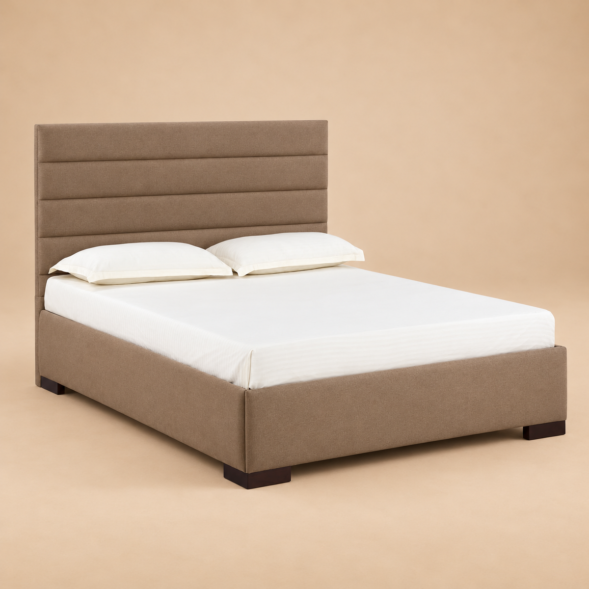 Allan Fully Upholstered Bed without Storage — warm beige studio view 2