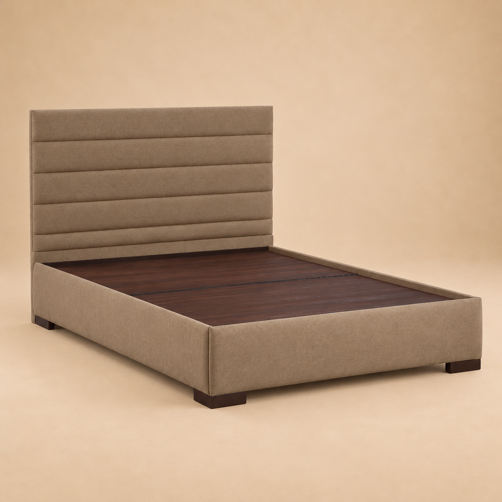Allan Fully Upholstered Bed without Storage — warm beige studio view 3