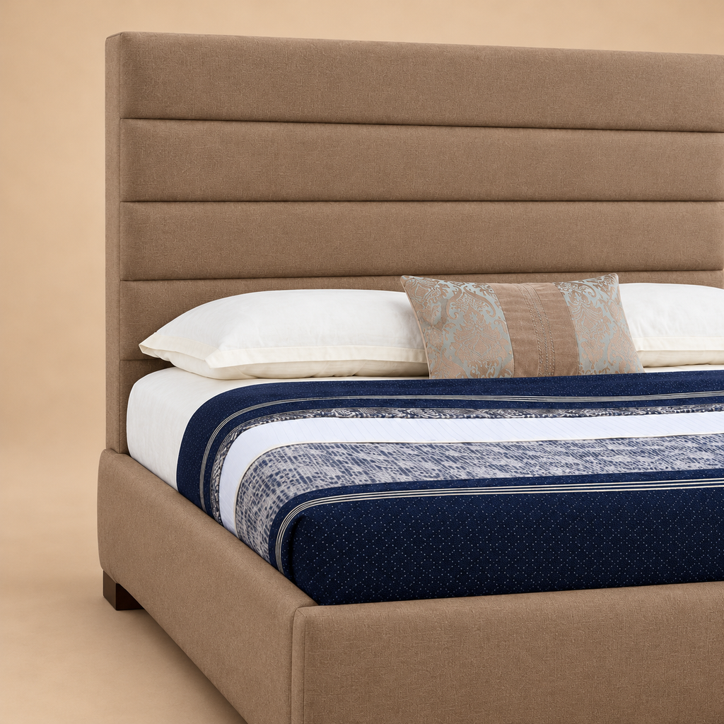 Allan Fully Upholstered Bed without Storage — warm beige studio detail
