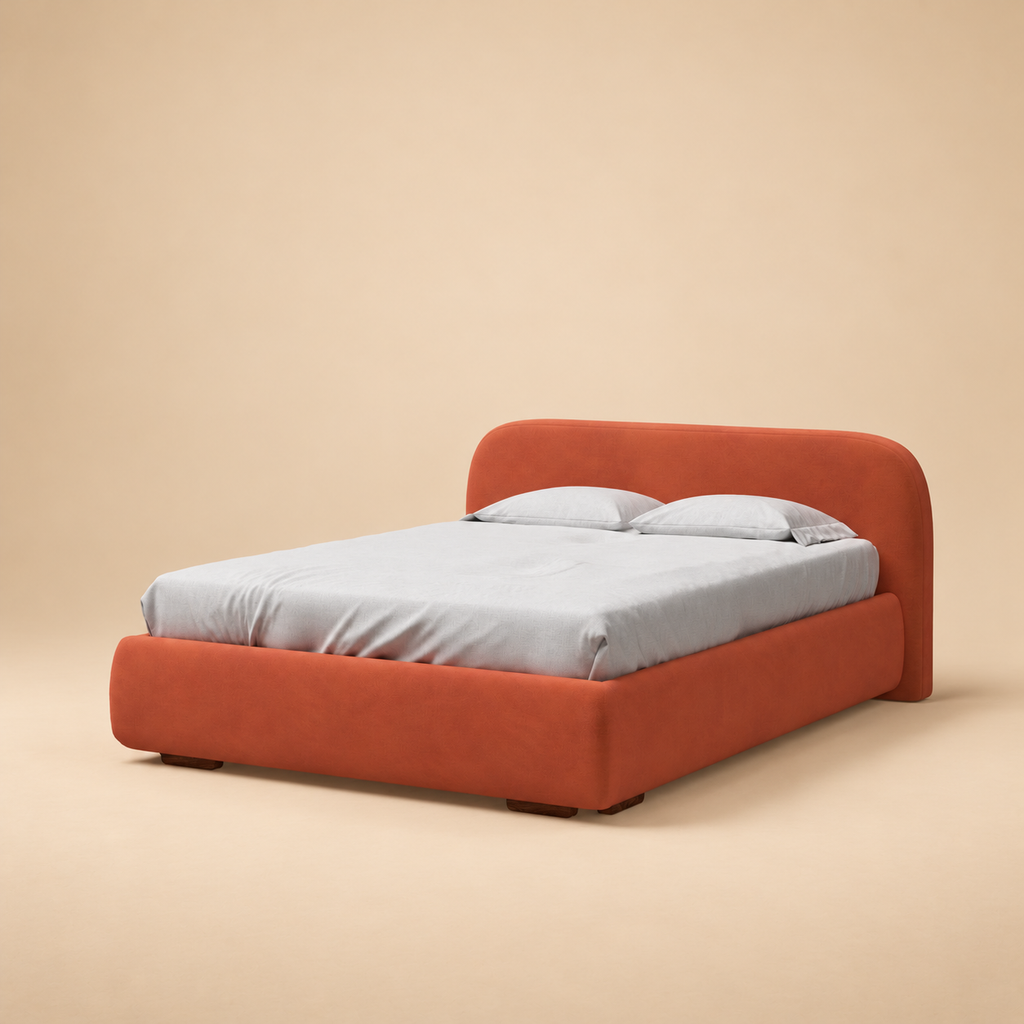 Althea Upholstered Hydraulic Storage Bed — warm beige studio view 3