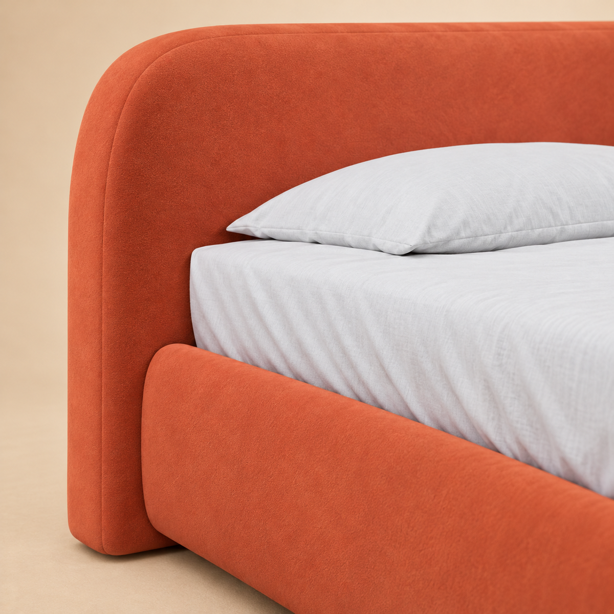 Althea Upholstered Hydraulic Storage Bed — warm beige studio detail