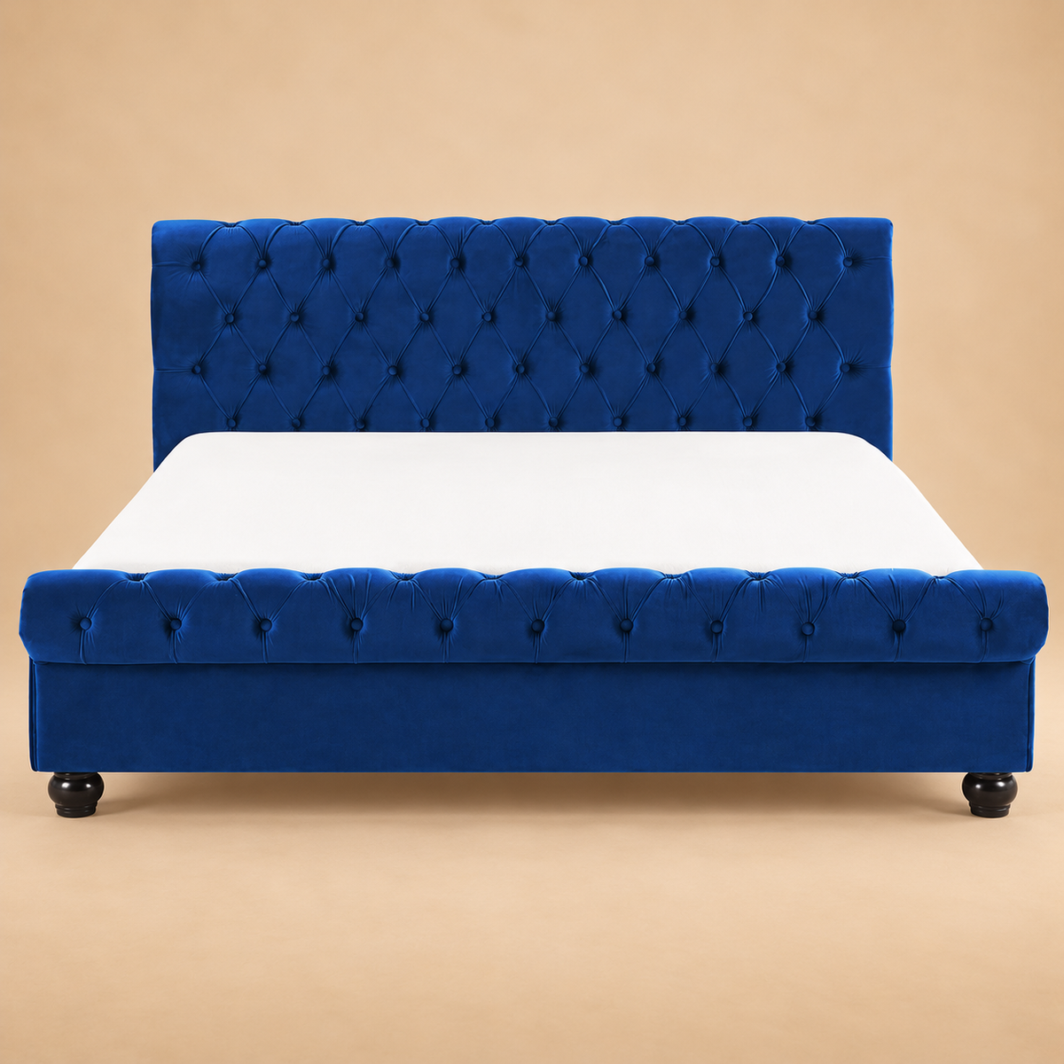 Avalon Fully Upholstered Bed without Storage — warm beige studio view 2