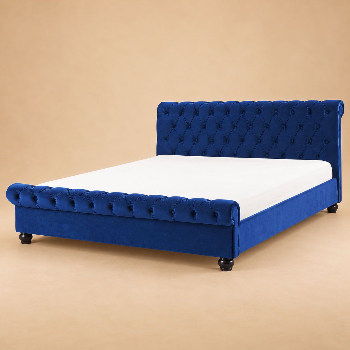 Avalon Fully Upholstered Bed without Storage — warm beige studio view 3