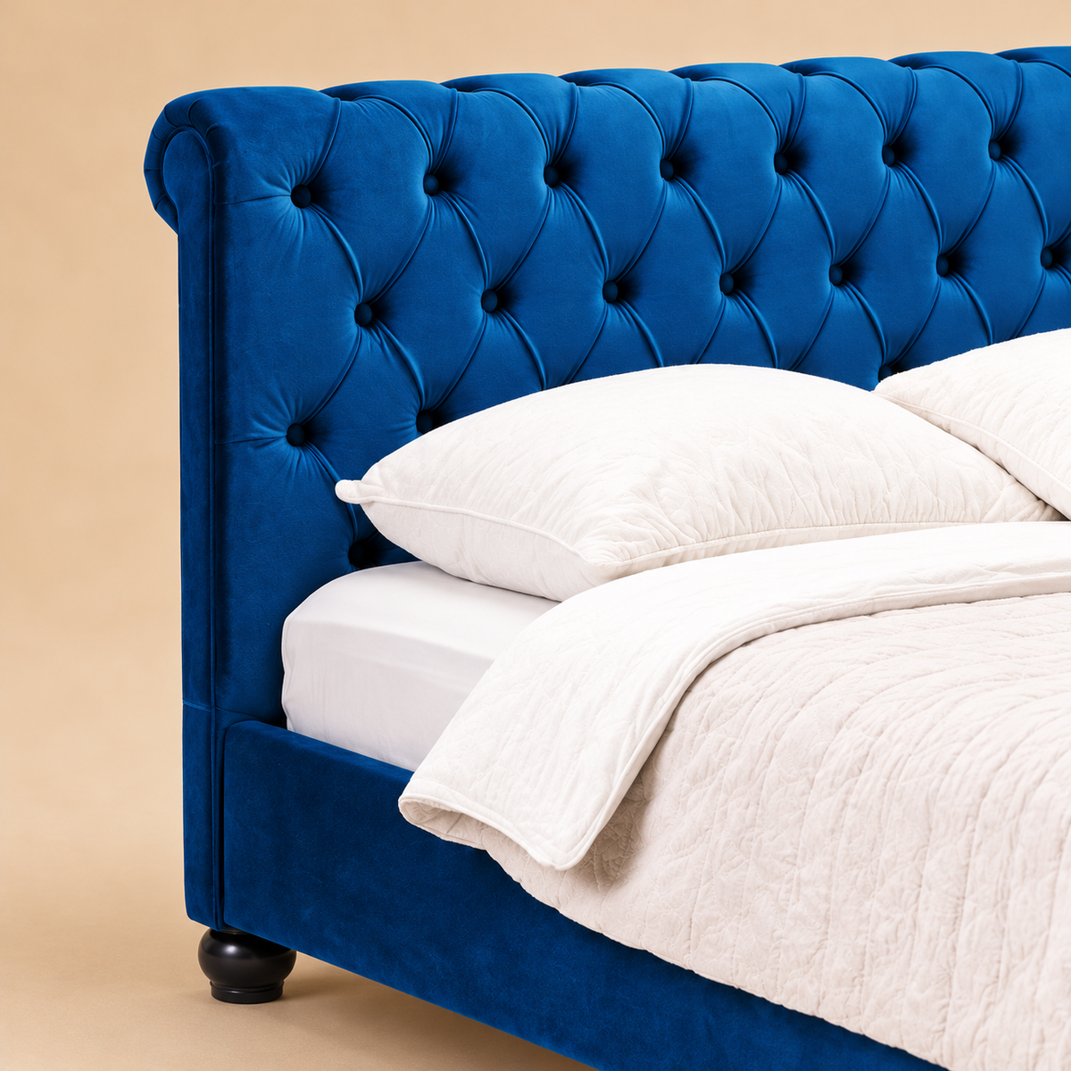 Avalon Fully Upholstered Bed without Storage — warm beige studio detail