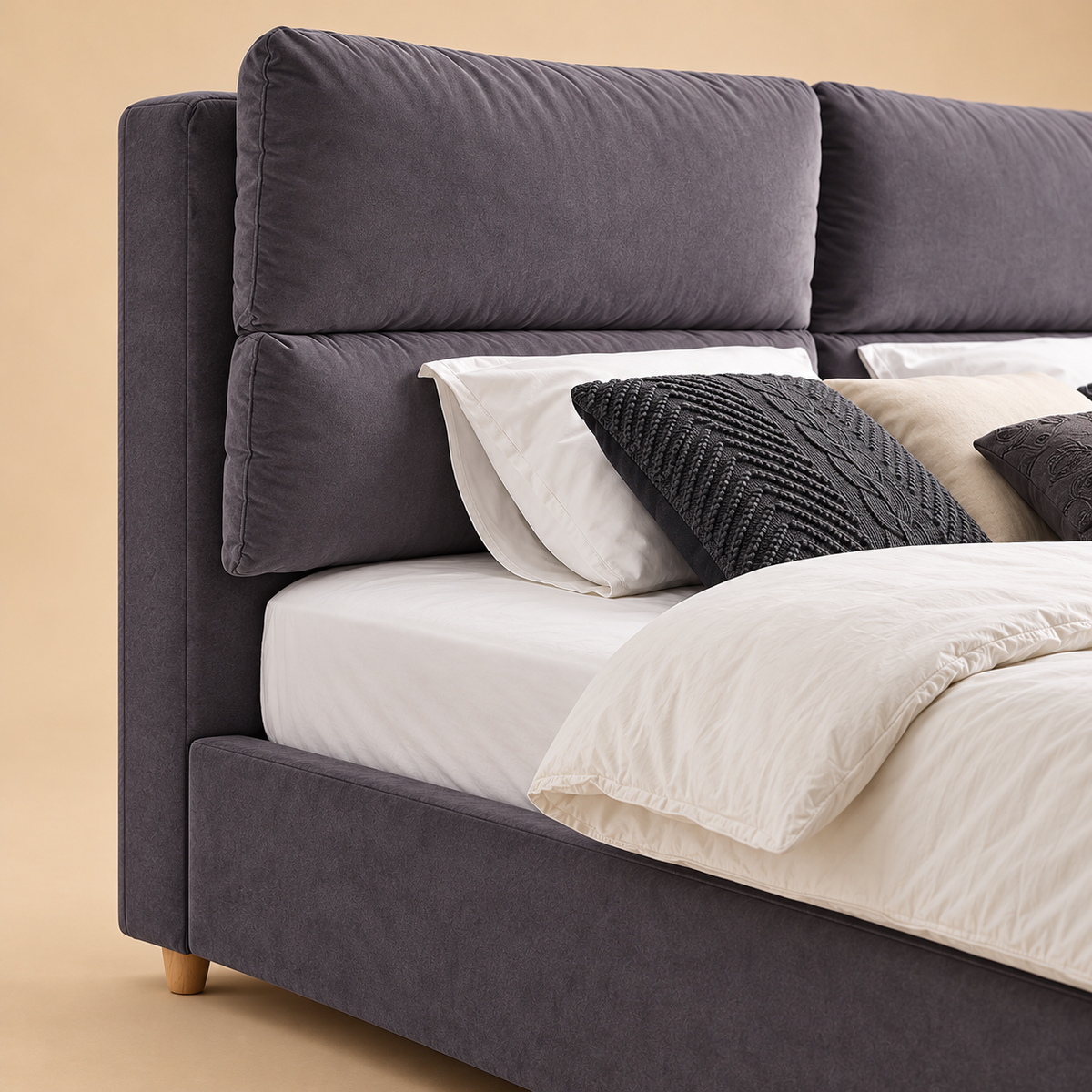 Bality Fully Upholstered Bed without Storage — warm beige studio detail