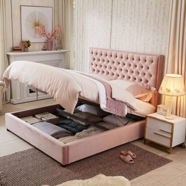 Pinkish Rich Upholstered Bed With Hydraulic In Suede