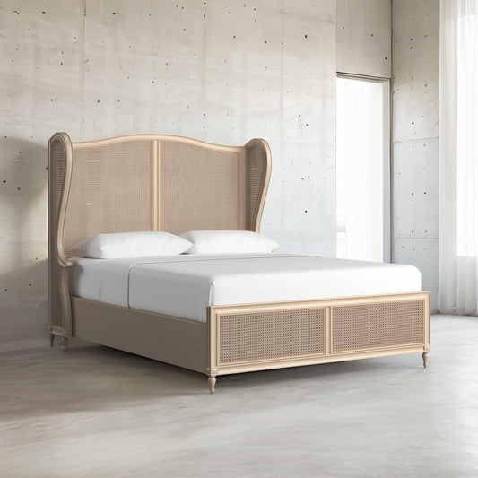 Chantel Distressed White Rattan Cane Bed