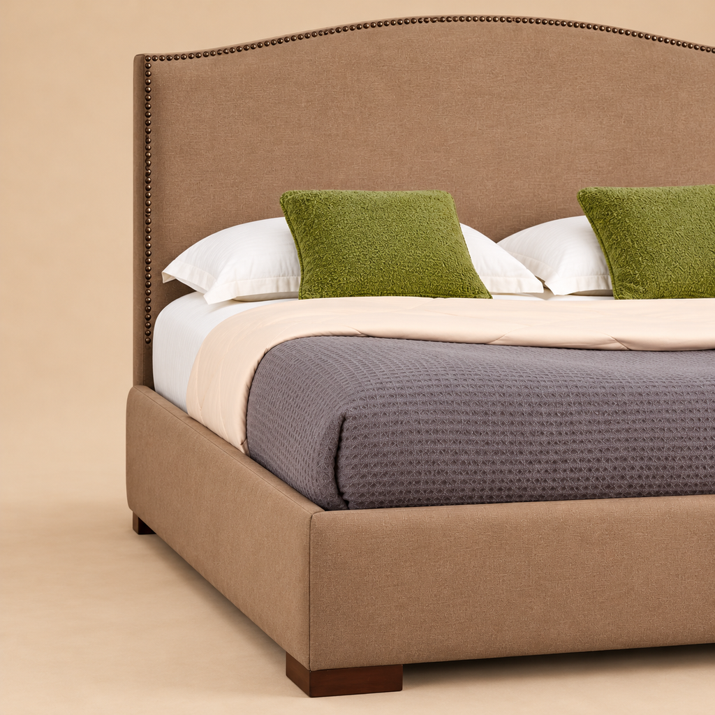 Bianca Fully Upholstered Bed without Storage — warm beige studio detail