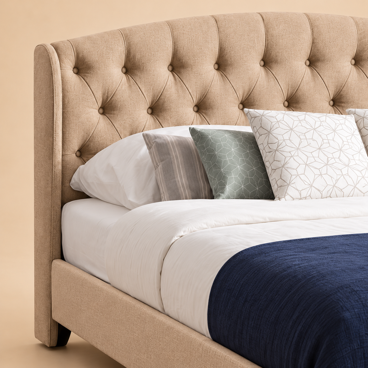 Borduex Fully Upholstered Bed without Storage — warm beige studio detail
