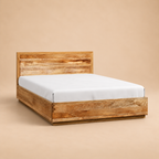 Bran Solid Wood Hydraulic Storage Bed — warm beige studio view 2