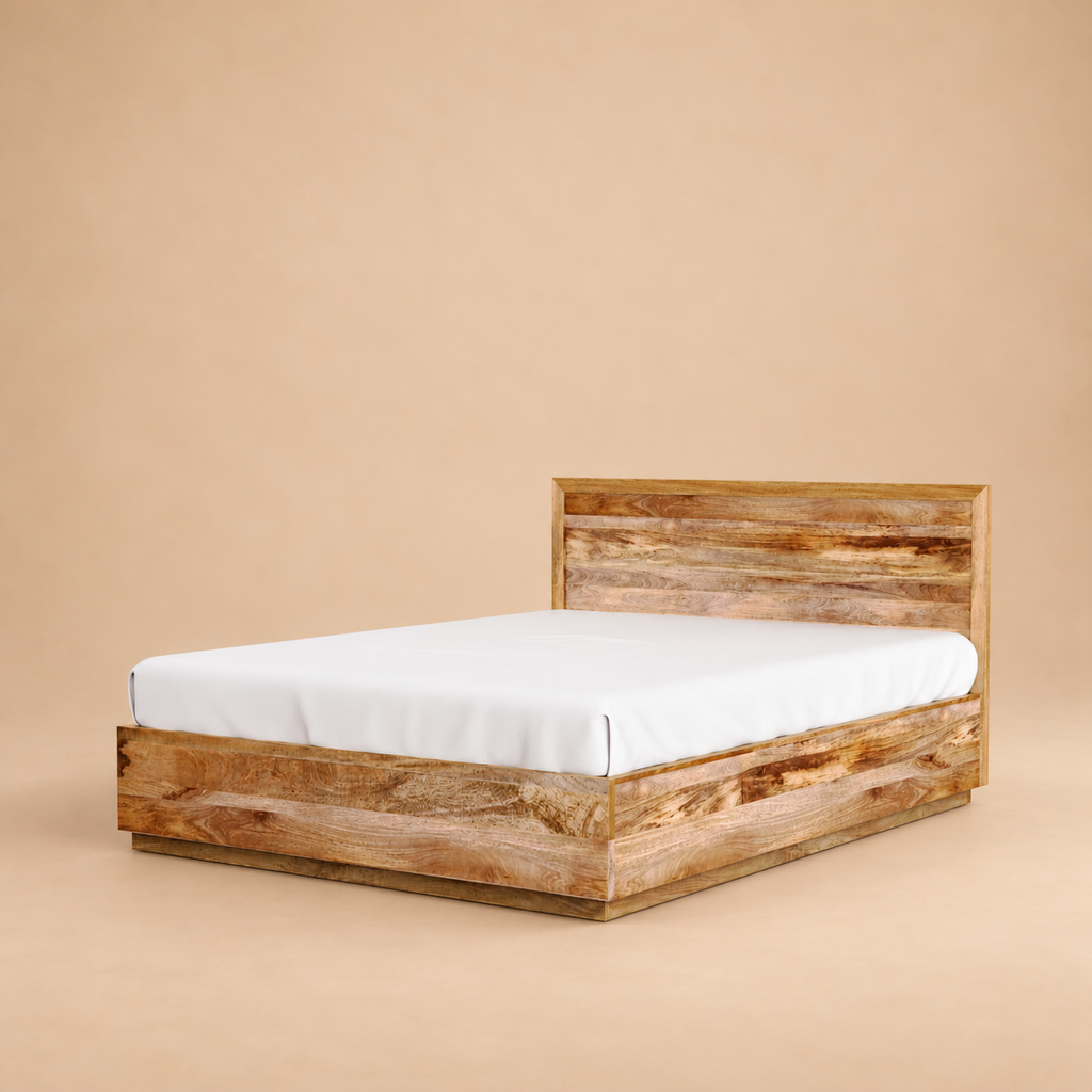 Bran Solid Wood Hydraulic Storage Bed — warm beige studio view 3