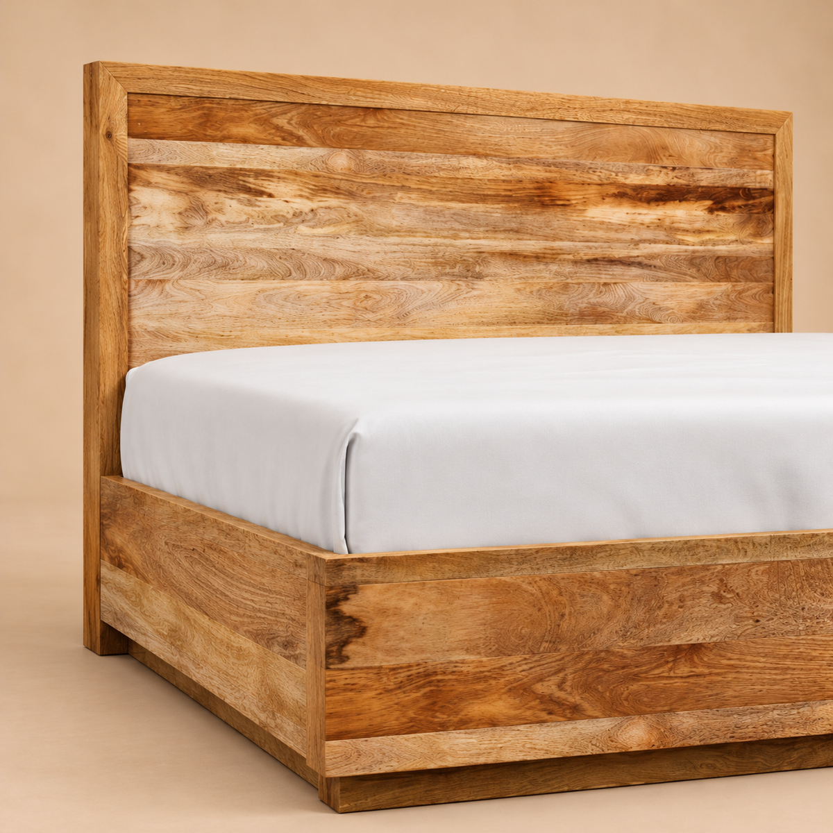 Bran Solid Wood Hydraulic Storage Bed — warm beige studio detail