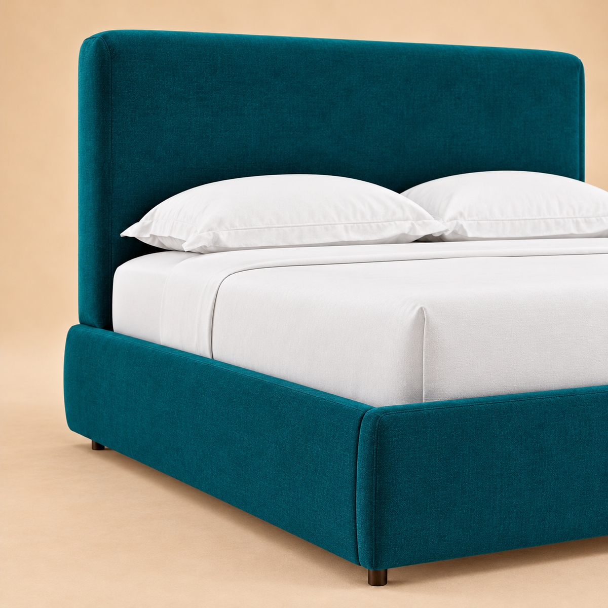 Brockham Fully Upholstered Bed without Storage — warm beige studio detail