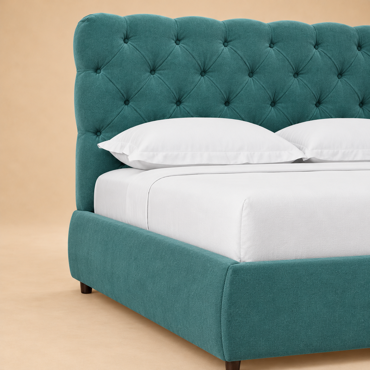 Burbage Fully Upholstered Bed without Storage — warm beige studio detail