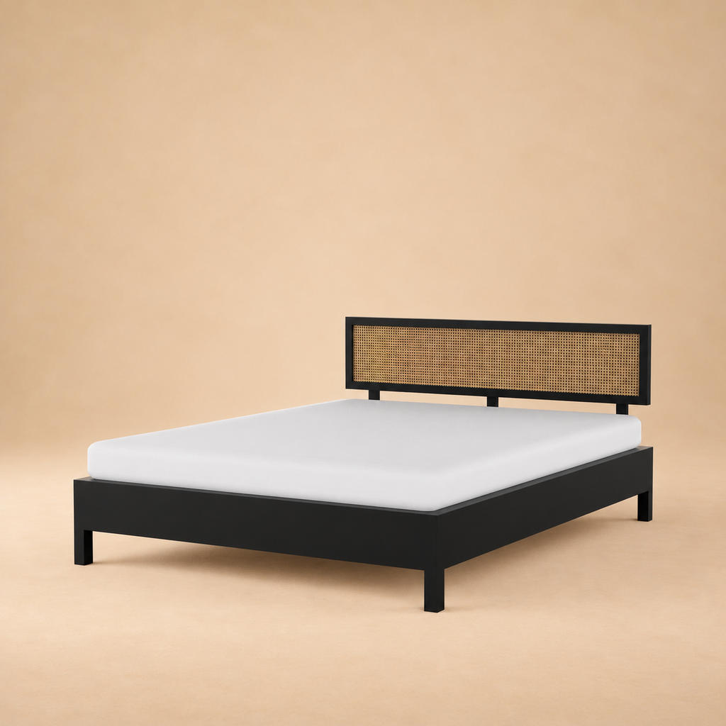California Black Rattan Bed - Mango Wood — warm beige studio view 2