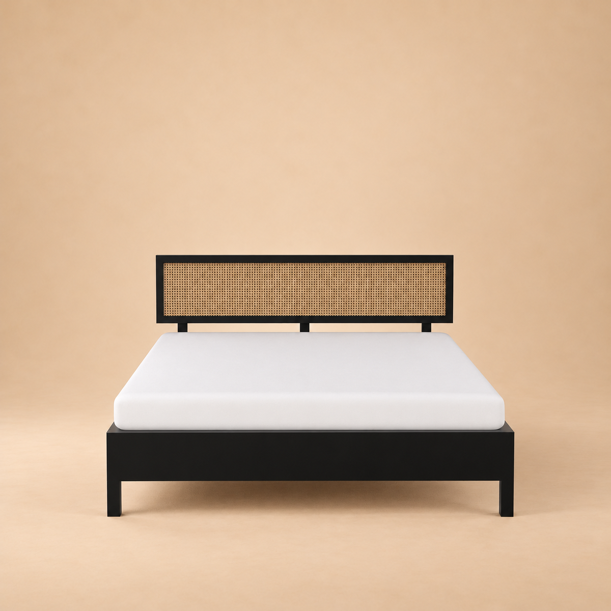 California Black Rattan Bed - Mango Wood — warm beige studio view 3
