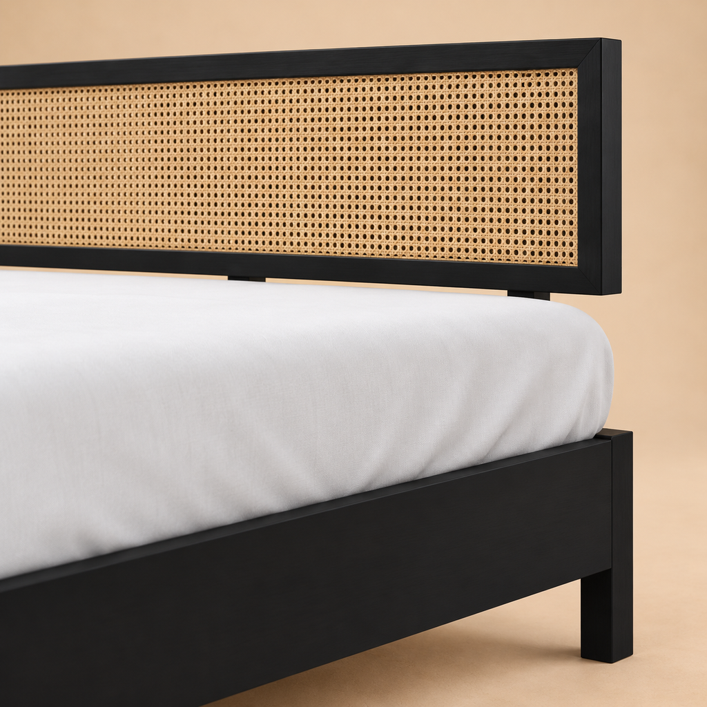 California Black Rattan Bed - Mango Wood — warm beige studio detail