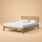 California Solid Wood Rattan Bed — warm beige studio view 2