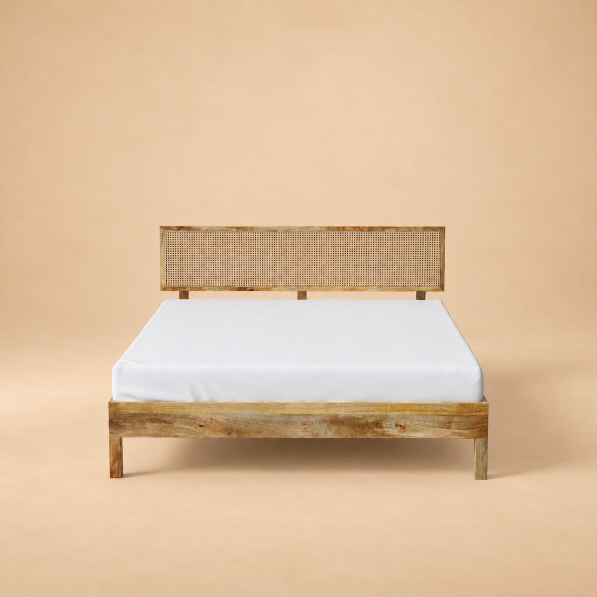 California Solid Wood Rattan Bed — warm beige studio view 3