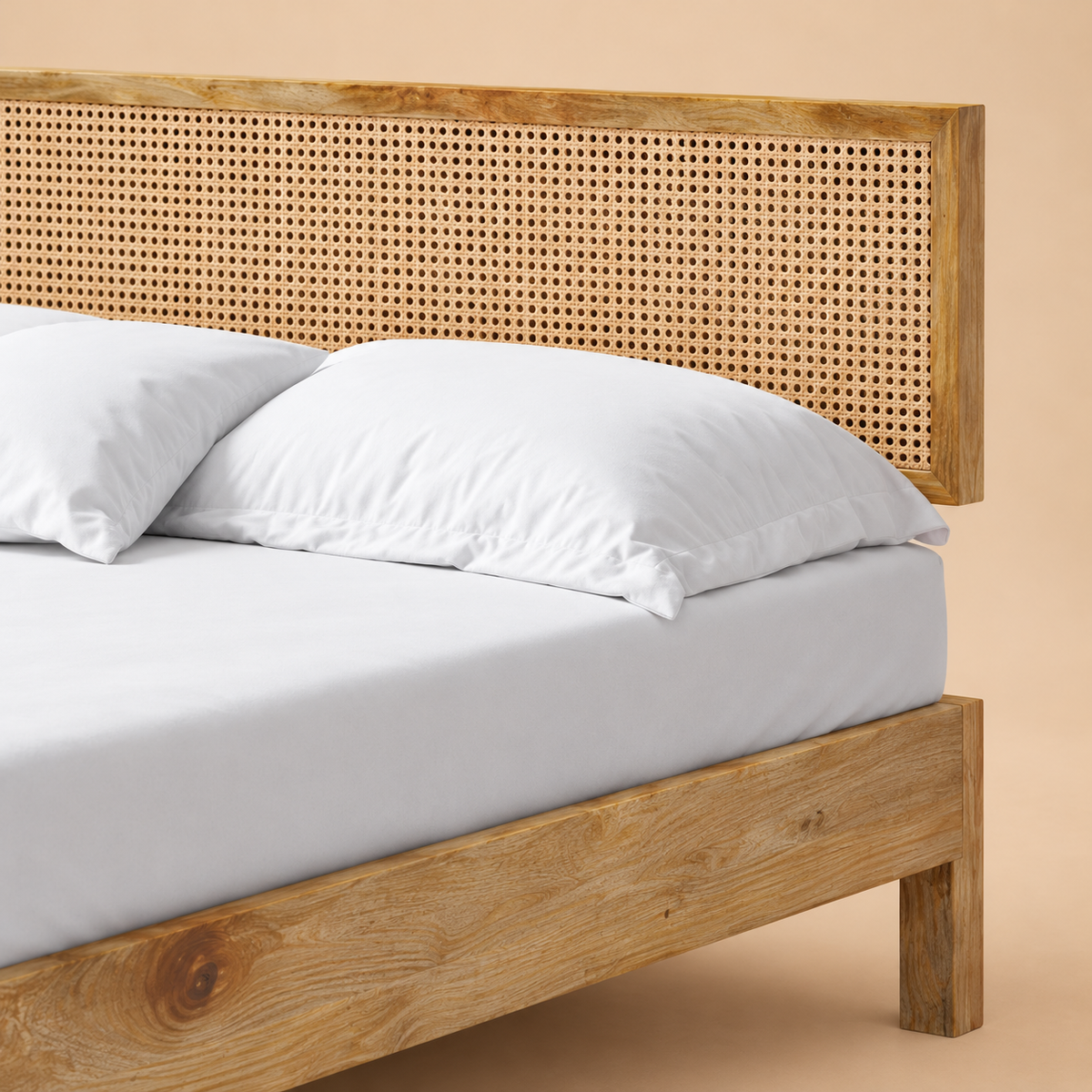 California Solid Wood Rattan Bed — warm beige studio detail
