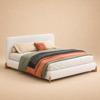 Crown Upholstered Bed Without Storage In Towel Suede Fabric — warm beige studio view 2