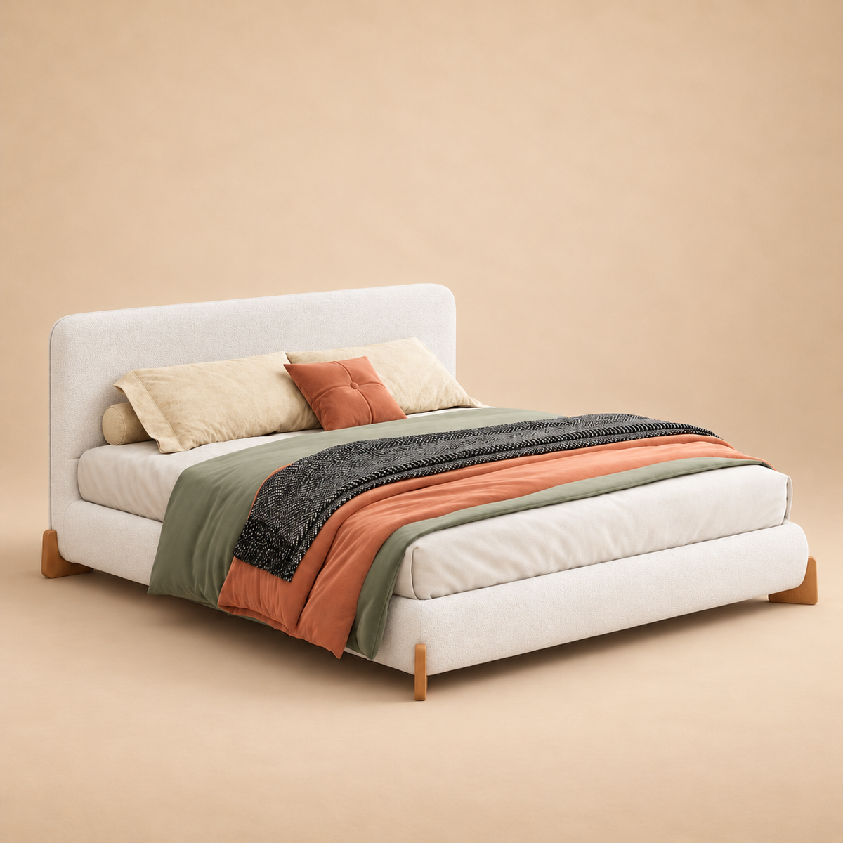 Crown Upholstered Bed Without Storage In Towel Suede Fabric — warm beige studio view 2