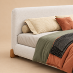 Crown Upholstered Bed Without Storage In Towel Suede Fabric — warm beige studio detail