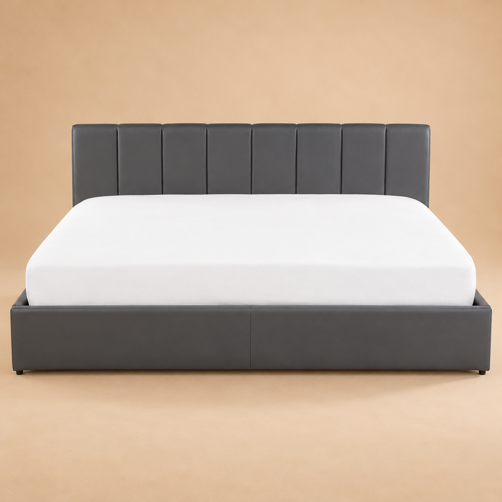 Druex Fully Upholstered Bed without Storage — warm beige studio view 2
