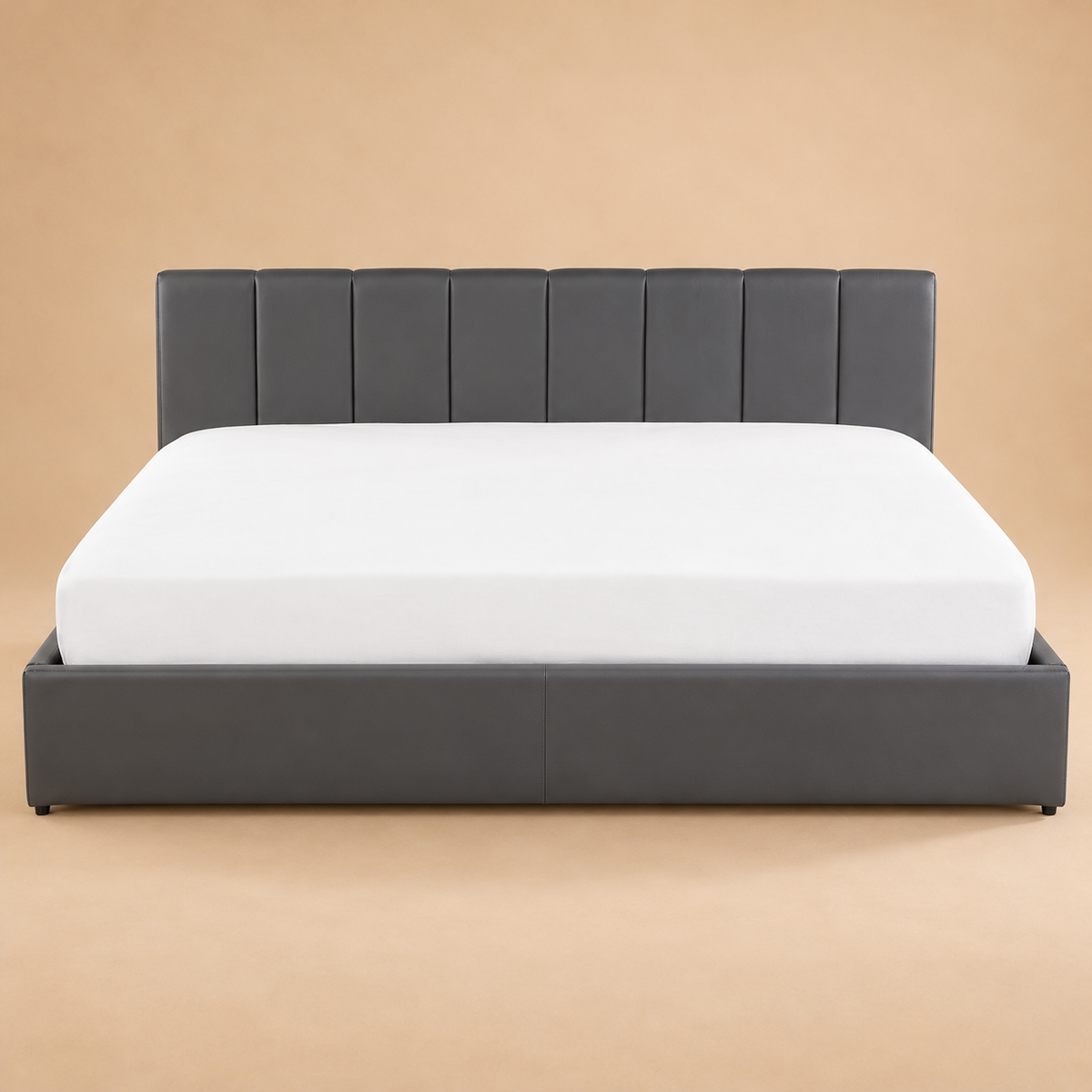 Druex Fully Upholstered Bed without Storage — warm beige studio view 2