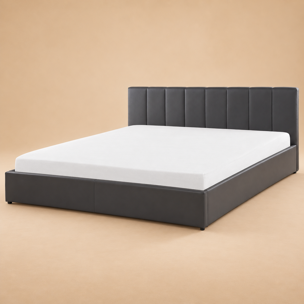 Druex Fully Upholstered Bed without Storage — warm beige studio view 3