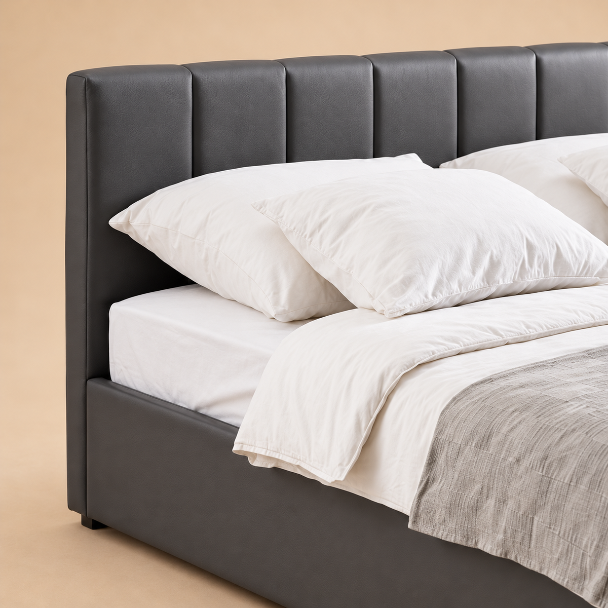 Druex Fully Upholstered Bed without Storage — warm beige studio detail