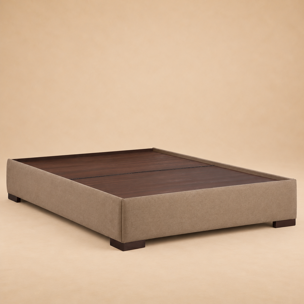 Emma Fully Upholstered Bed without Storage — warm beige studio view 3