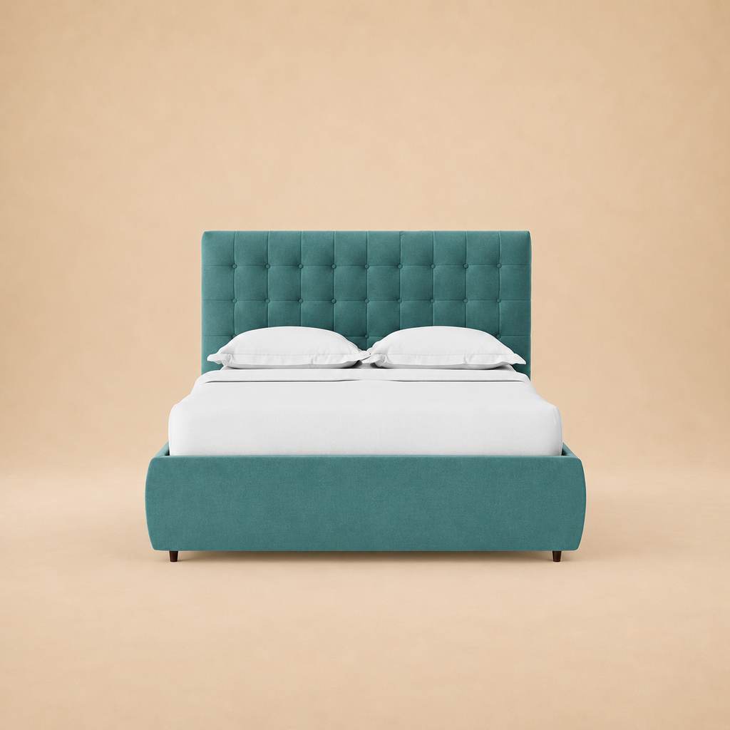 Sudrey Fully Upholstered Bed without Storage — warm beige studio view